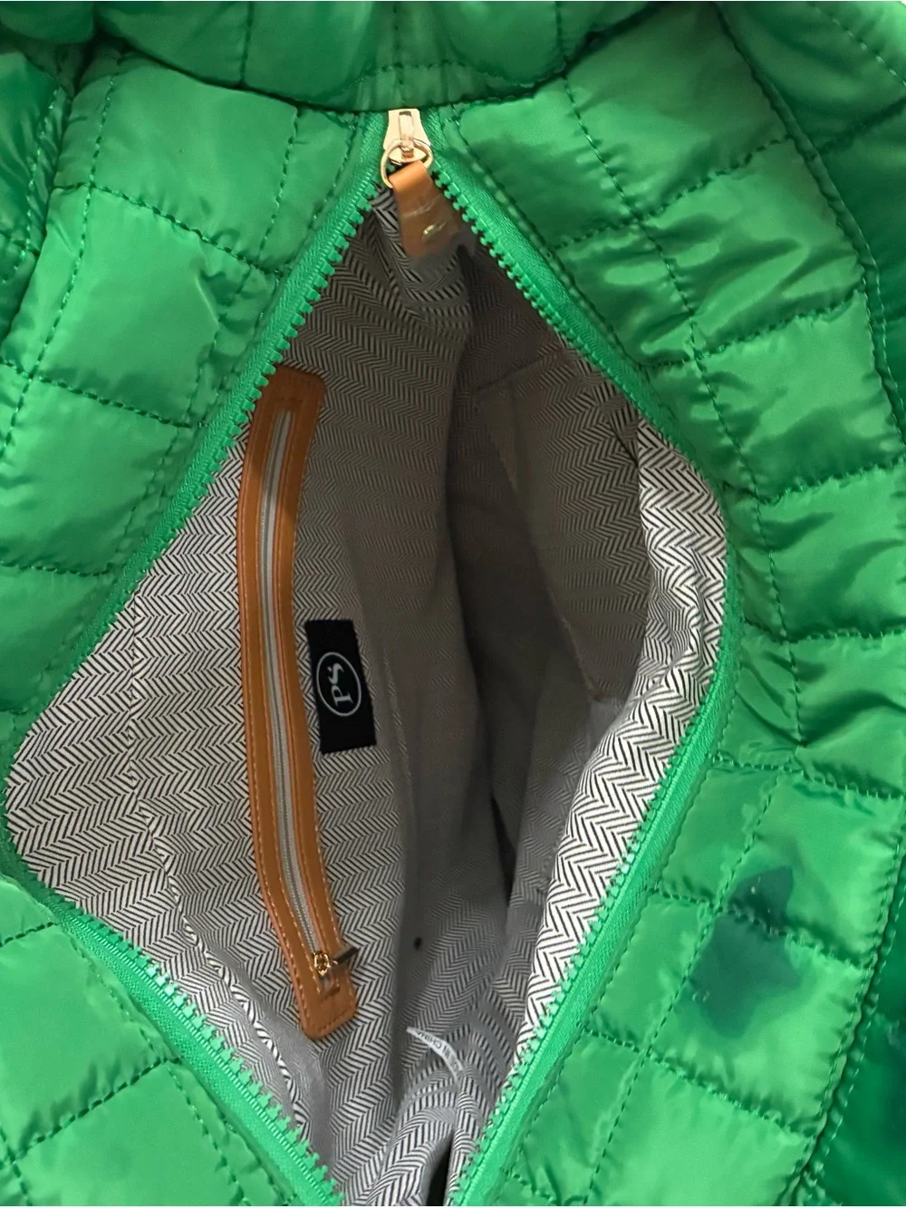 Quilted Green Tote with Striped Shoulder Handles